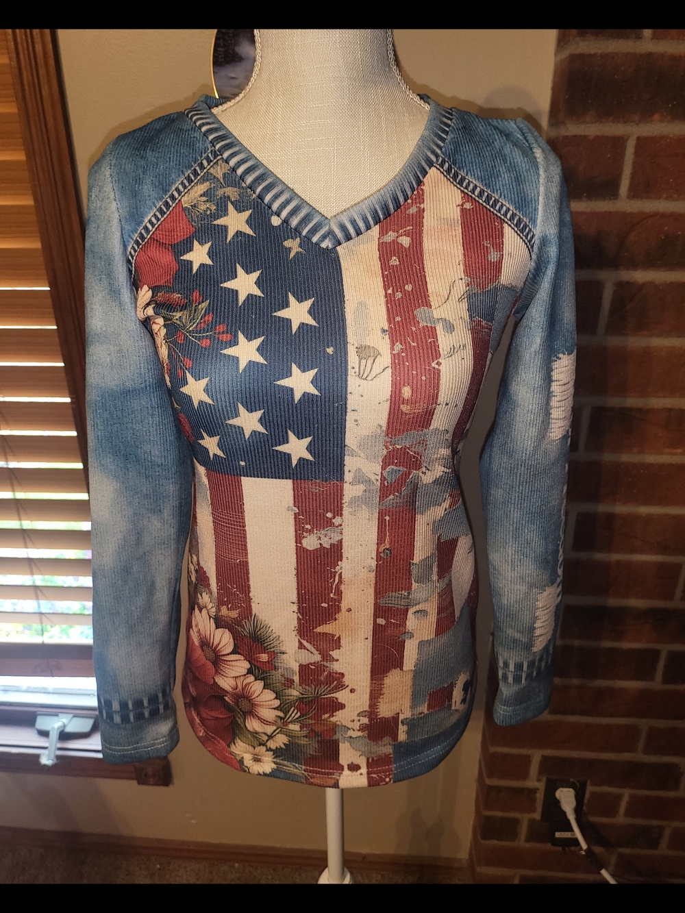 American Flag Floral Long Sleeve V-Neck Top - Blue, Red, White